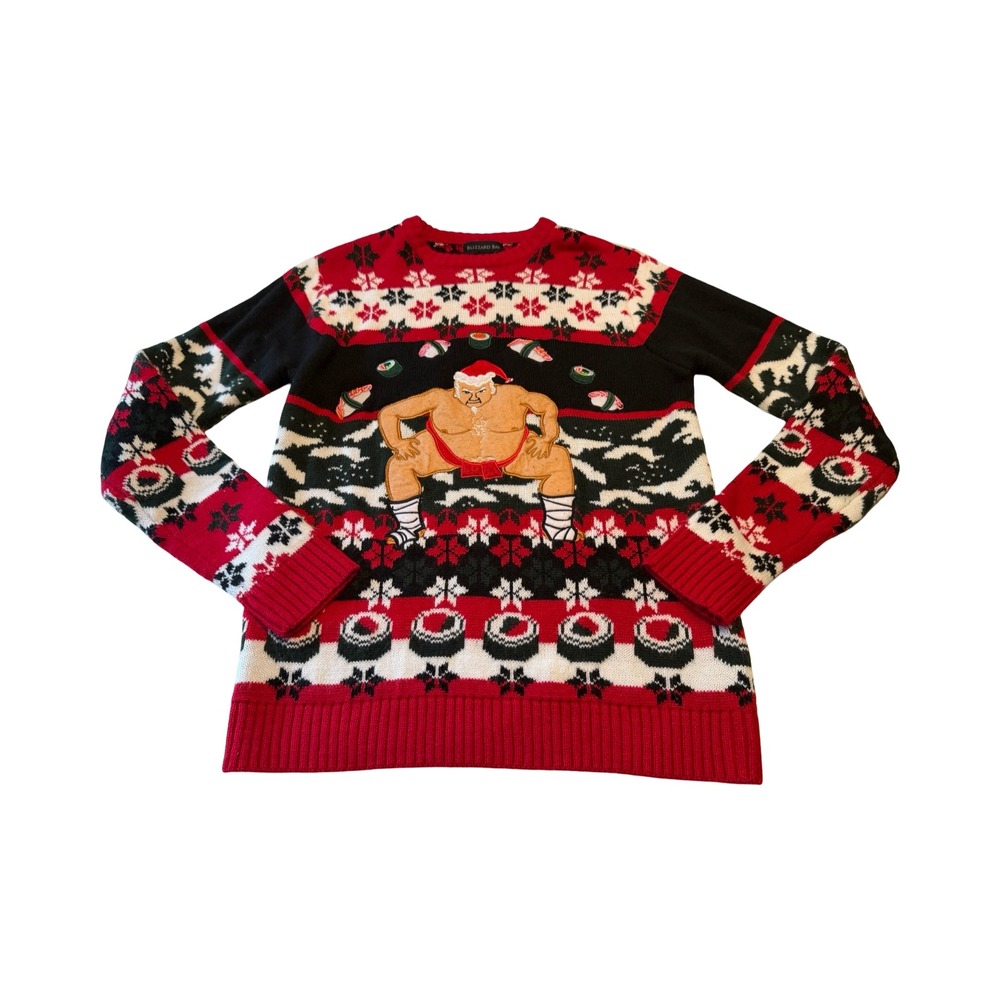 Blizzard Bay Mens Sumo Wrestler Sushi Ugly‎ Christmas Sweater Red Black Large